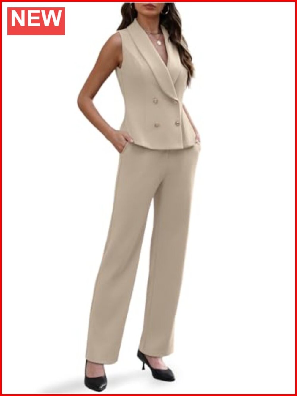 Women's Sleeveless V-Neck Double Breasted Blazer Vest Pants Suit Set Business